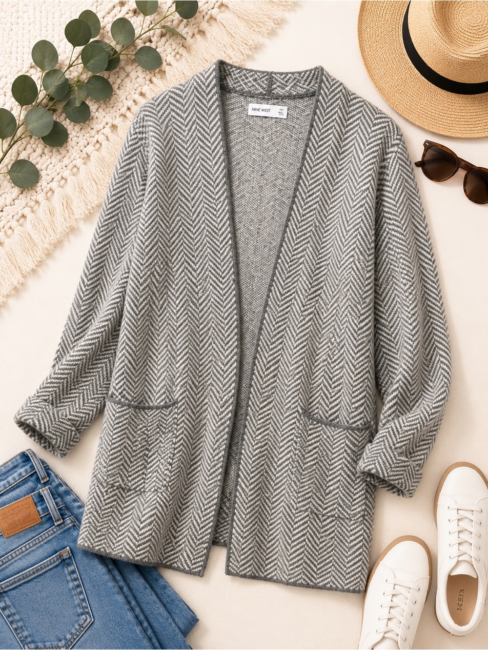 Nine West Gray Herringbone Open-Front Cardigan